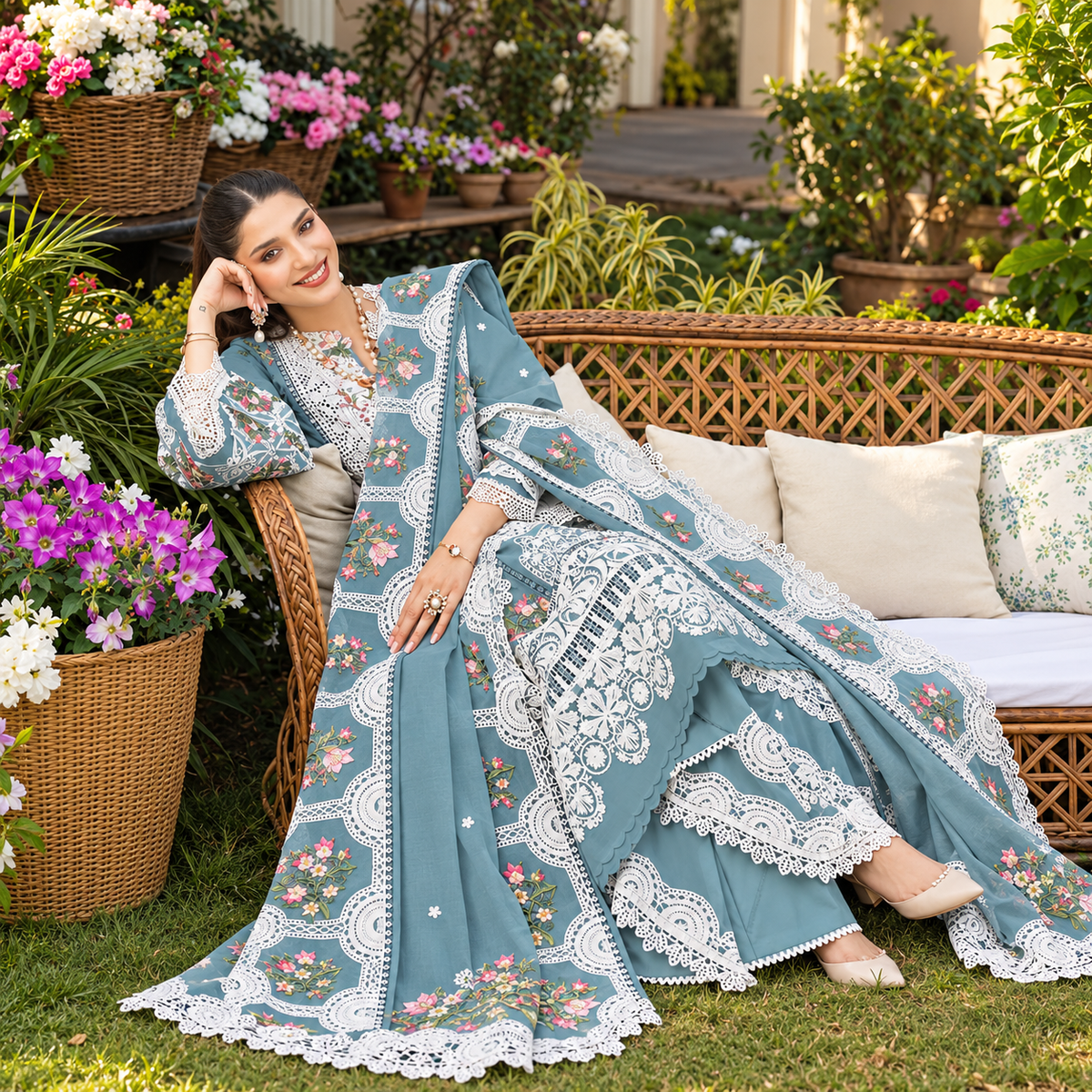 ELAF Luxury Dhanak Chikankari Embroidered 3-Piece Unstitched Suit