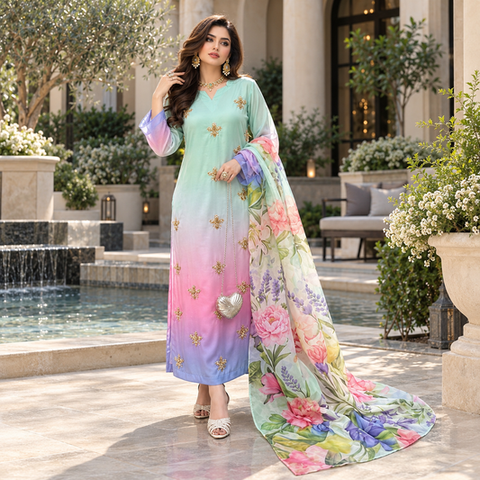 Premium Shamooz Silk Digital Tie & Dye 3-Piece Suit with Luxury Handwork