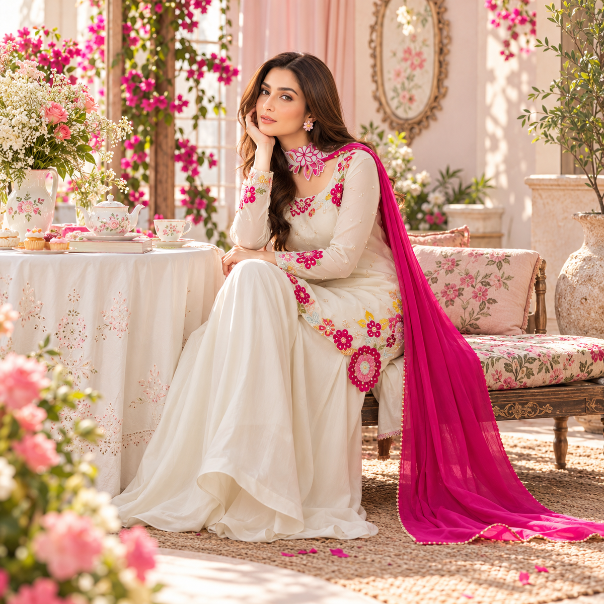 Shanzay Anoshy Luxury Multi-Floral Shamoz Silk 3-Piece Suite with Pearl Embellishments