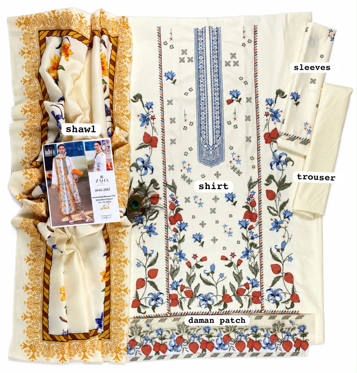 Zaha Premium Dhanak Embroidered Unstitched 3-Piece Suit with Printed Wool Shawl