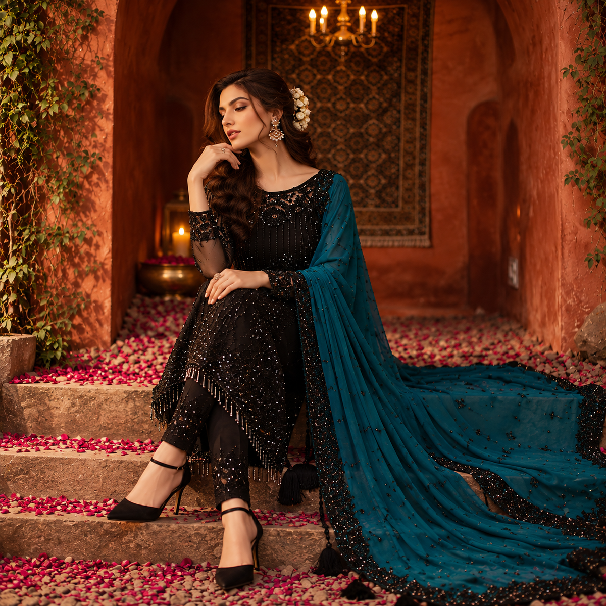 Serene Premium Luxury Sequence Work Embroidered Chiffon 3-Piece Suit