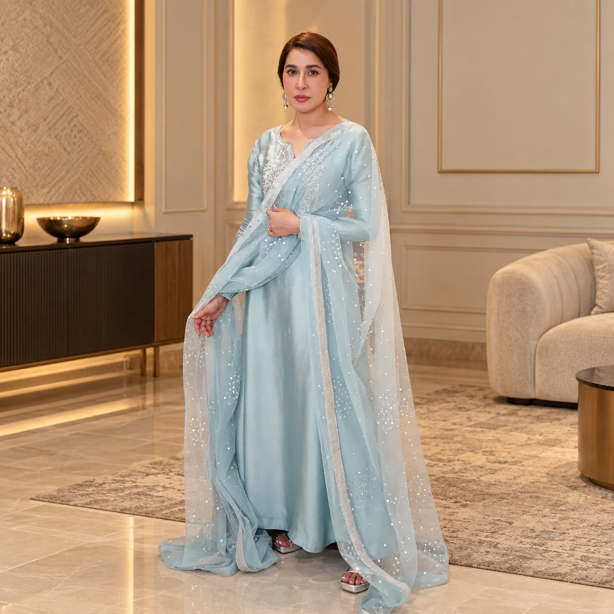 Mahum Asad Luxury Shamoz Silk 3-Piece Festive Suit with Heavy Sequined Dupatta