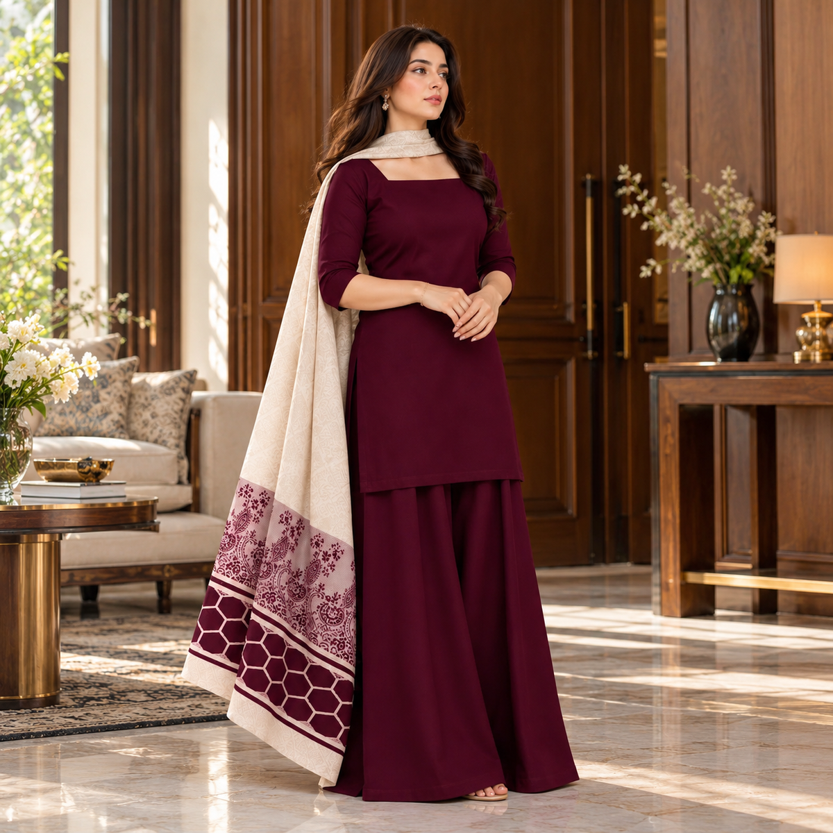Premium Dhanak Unstitched 3-Piece Suit with Acrylic Wool Jacquard Velvet Border Shawl