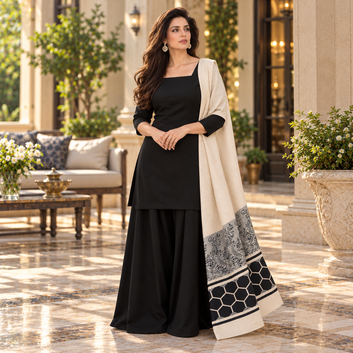 Premium Dhanak Unstitched 3-Piece Suit with Acrylic Wool Jacquard Velvet Border Shawl
