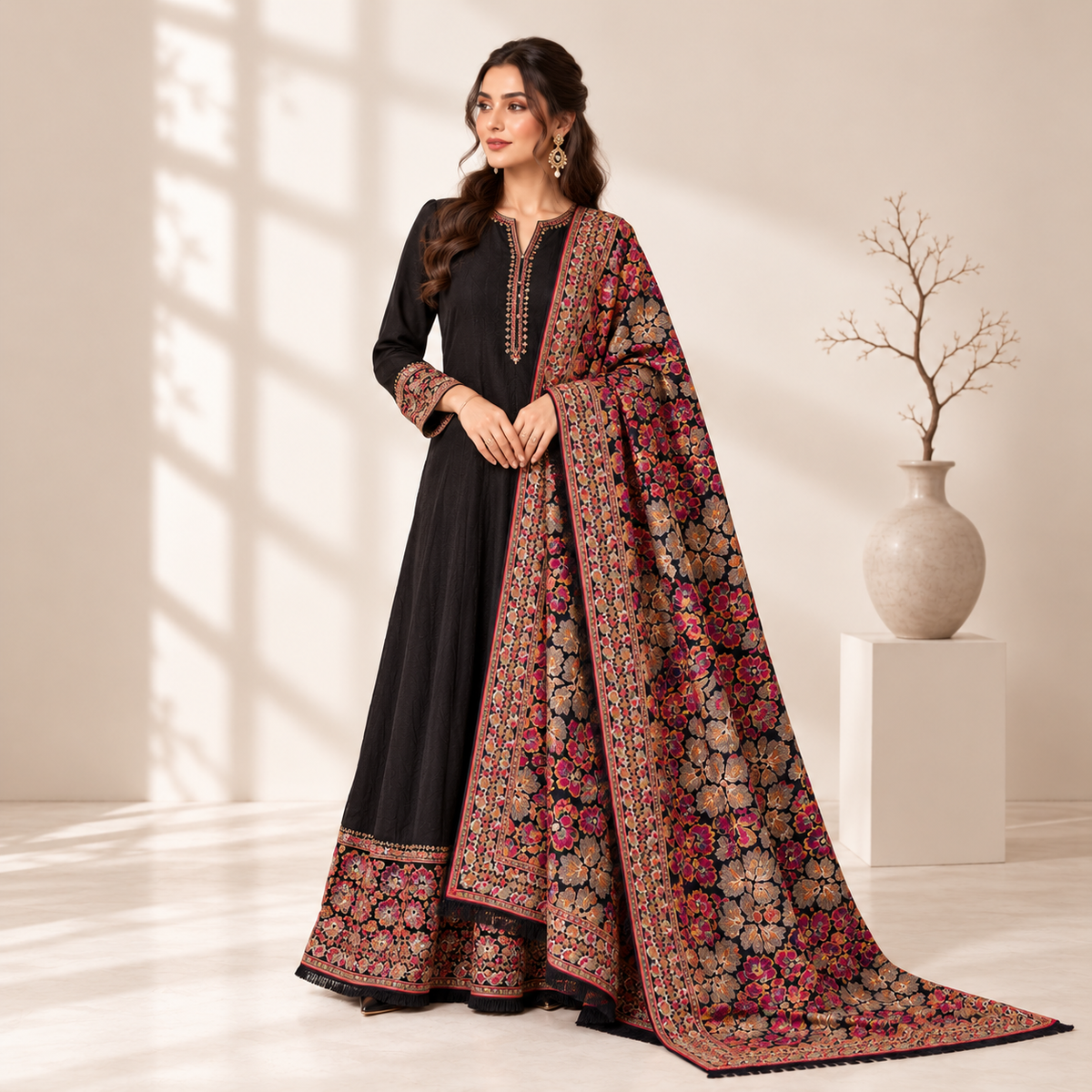 Premium Airjet Karandi Fully Embroidered 2.5-Yard Ready-to-Wear Shawl