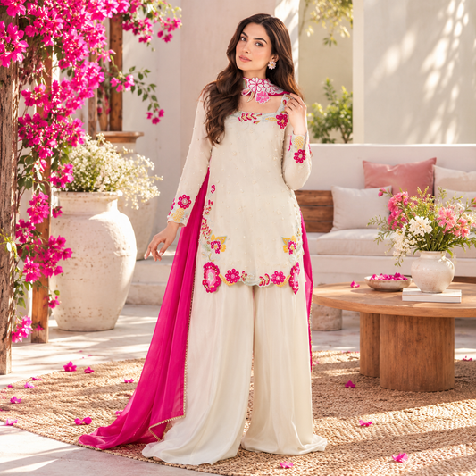 Shanzay Anoshy Luxury Multi-Floral Shamoz Silk 3-Piece Suite with Pearl Embellishments