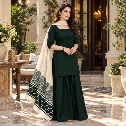 Premium Dhanak Unstitched 3-Piece Suit with Acrylic Wool Jacquard Velvet Border Shawl