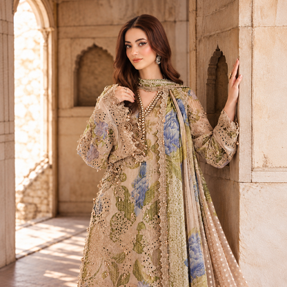 Luxury Digital Print Chiffon Embroidered 3-Piece Suit with 3D Flowers & Handwork