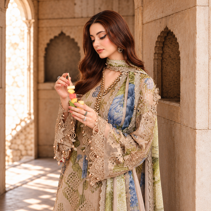 Luxury Digital Print Chiffon Embroidered 3-Piece Suit with 3D Flowers & Handwork