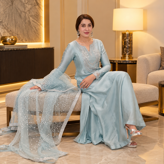Mahum Asad Luxury Shamoz Silk 3-Piece Festive Suit with Heavy Sequined Dupatta