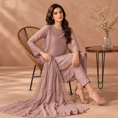 Zarif Luxury Embroidered Chiffon 3-Piece Festive Suit with Addawork