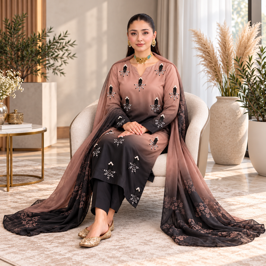 Premium Shamooz Silk Digital Tie & Dye 3-Piece Suit with Luxury Handwork