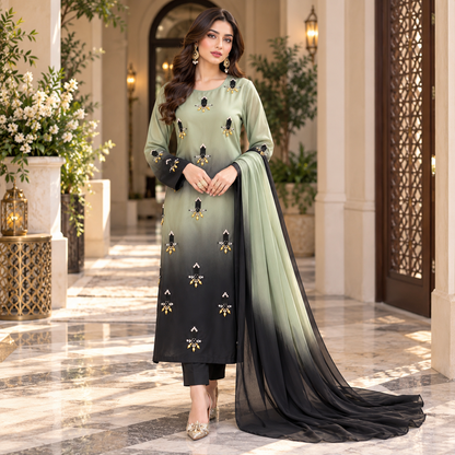 Premium Shamooz Silk Digital Tie & Dye 3-Piece Suit with Luxury Handwork