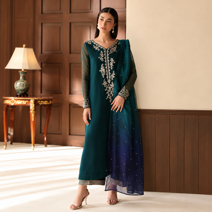 Baroque Luxury Shamooz Silk Embroidered Suit with Tie & Dye Organza Dupatta