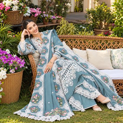 ELAF Luxury Dhanak Chikankari Embroidered 3-Piece Unstitched Suit