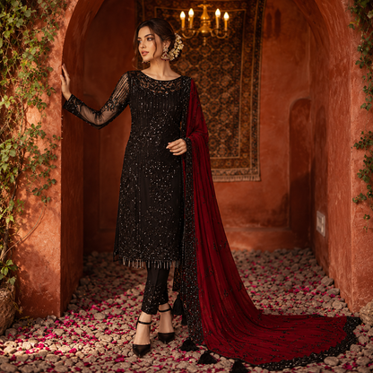 Serene Premium Luxury Sequence Work Embroidered Chiffon 3-Piece Suit
