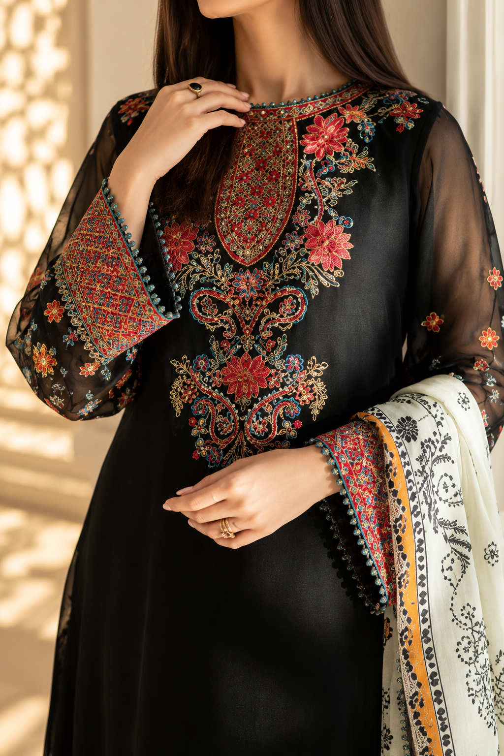 Baroque Luxury Chiffon Embroidered Suit with Printed Silk Cutwork Dupatta