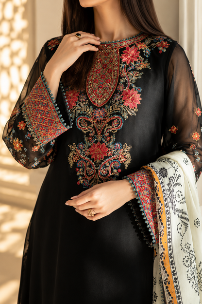 Baroque Luxury Chiffon Embroidered Suit with Printed Silk Cutwork Dupatta
