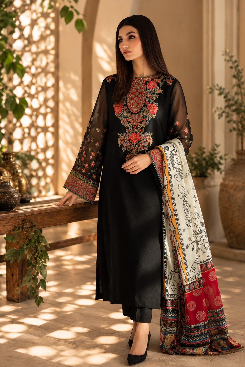 Baroque Luxury Chiffon Embroidered Suit with Printed Silk Cutwork Dupatta