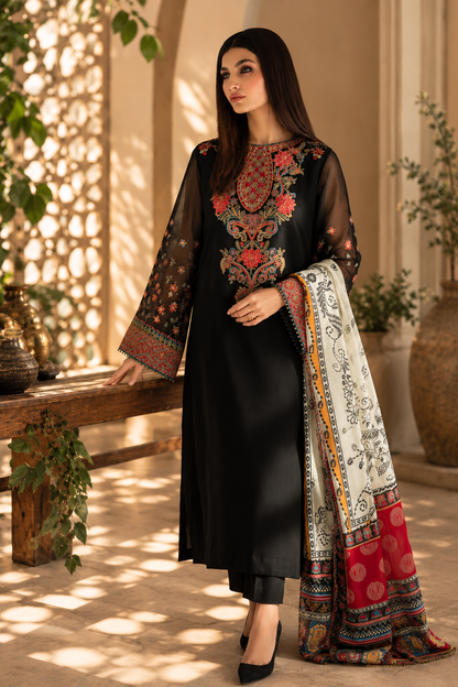 Baroque Luxury Chiffon Embroidered Suit with Printed Silk Cutwork Dupatta