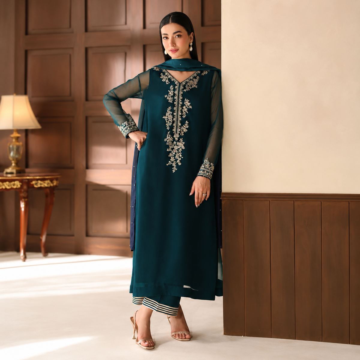 Baroque Luxury Shamooz Silk Embroidered Suit with Tie & Dye Organza Dupatta