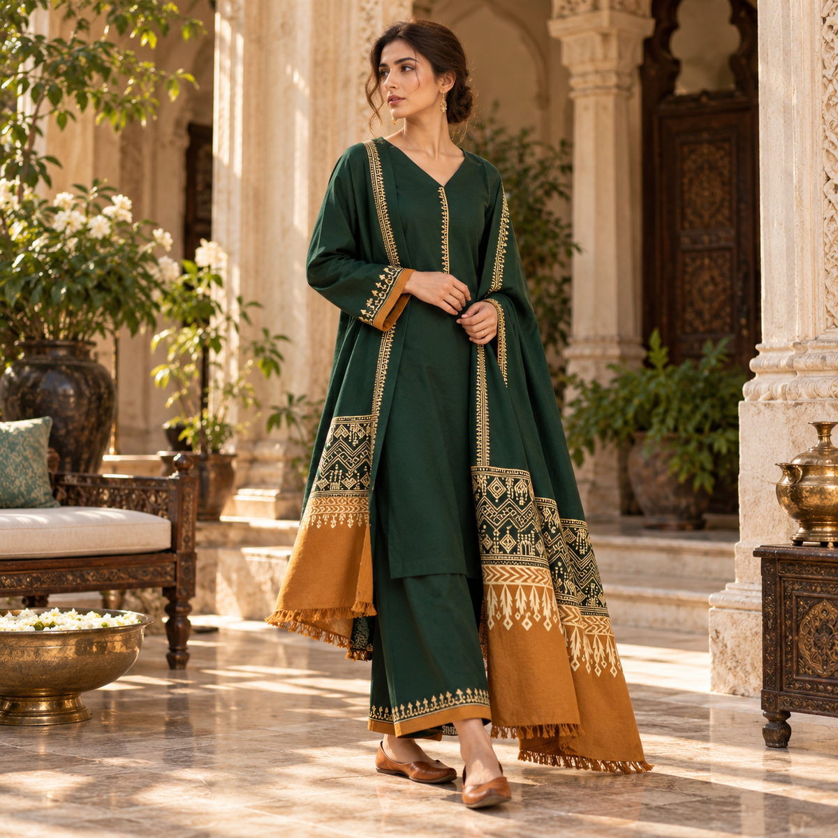 DYOT Premium Dhanak Embroidered Unstitched 3-Piece Suit with Printed Wool Shawl