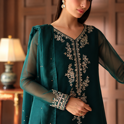 Baroque Luxury Shamooz Silk Embroidered Suit with Tie & Dye Organza Dupatta