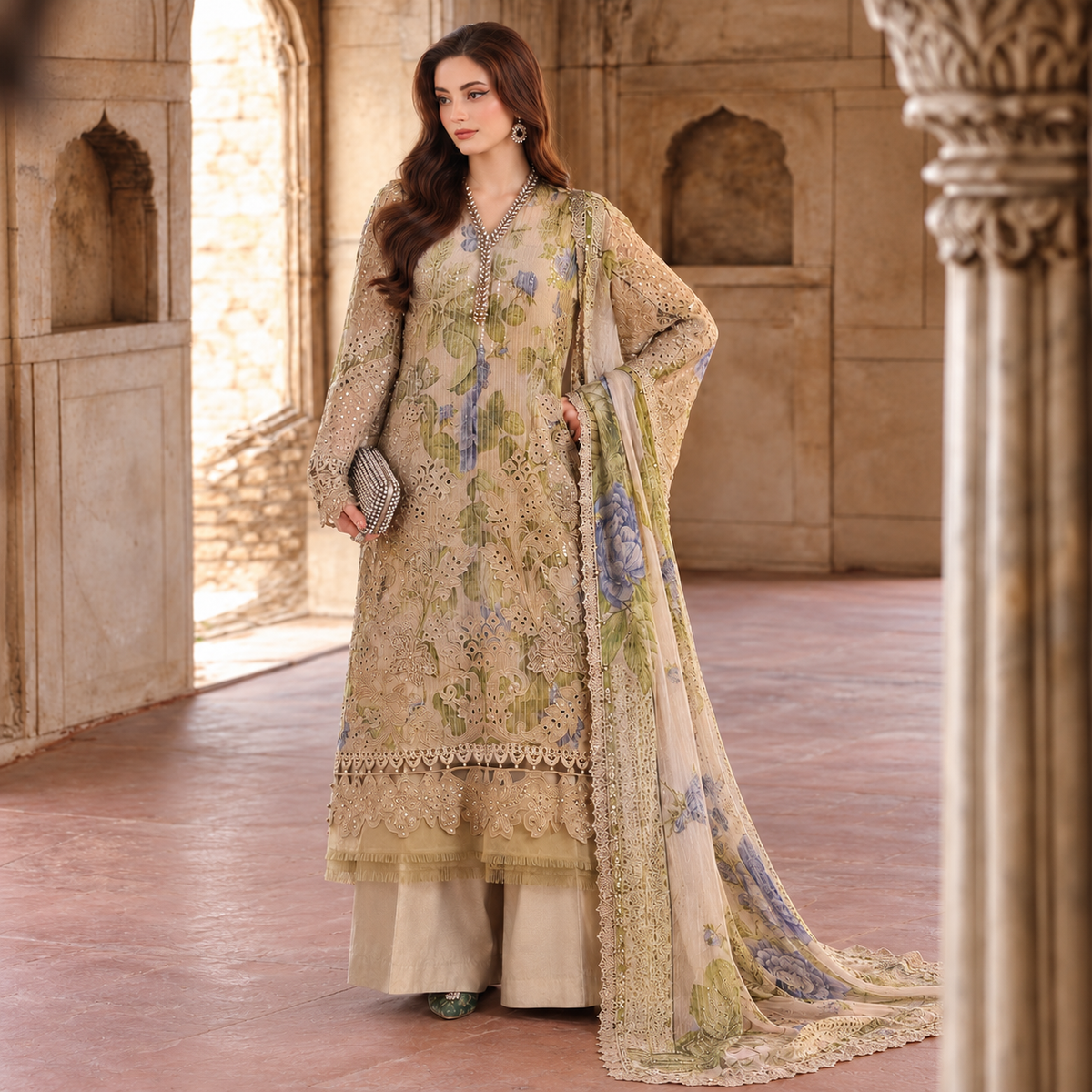 Luxury Digital Print Chiffon Embroidered 3-Piece Suit with 3D Flowers & Handwork