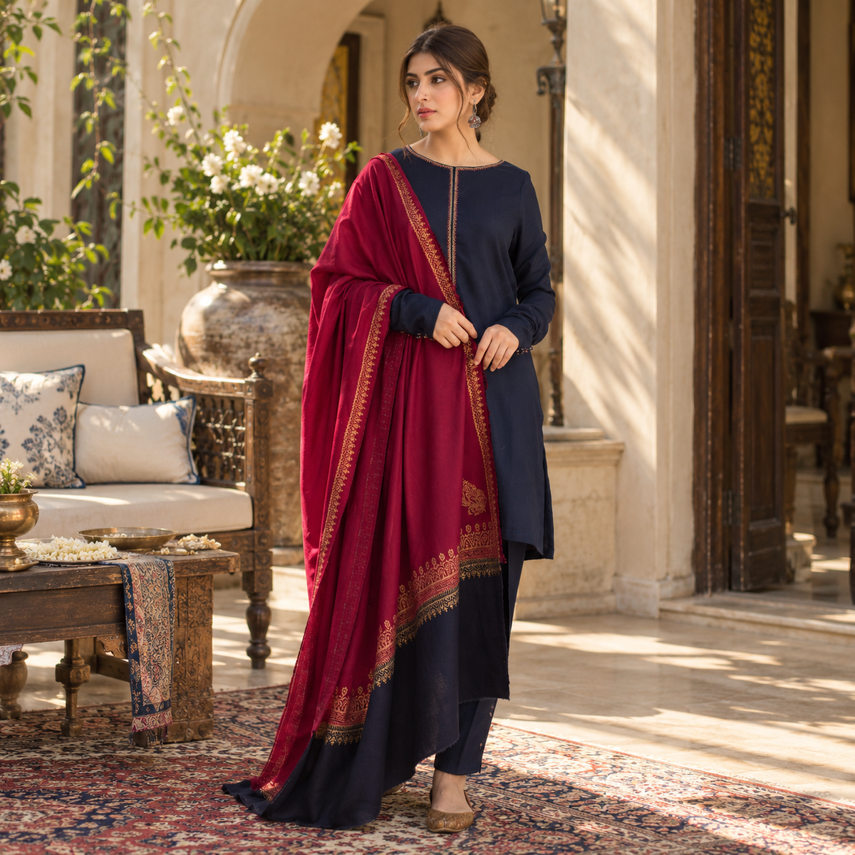 DYOT Premium Dhanak Embroidered Unstitched 3-Piece Suit with Printed Wool Shawl