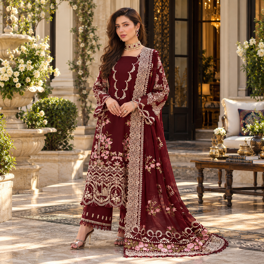 Kahf Luxury Dhanak Embroidered Unstitched 3-Piece Suit with Cutwork Shawl
