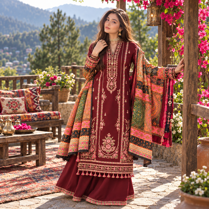 Hussain Rehar Premium Dhanak Embroidered Unstitched 3-Piece Suit with Printed Wool Shawl