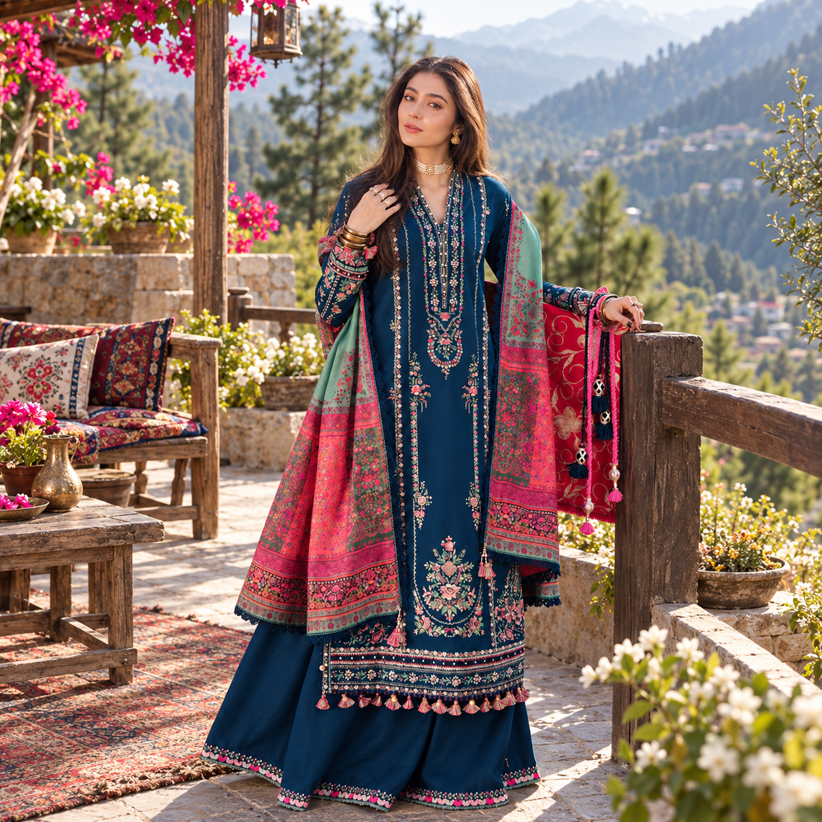 Hussain Rehar Premium Dhanak Embroidered Unstitched 3-Piece Suit with Printed Wool Shawl