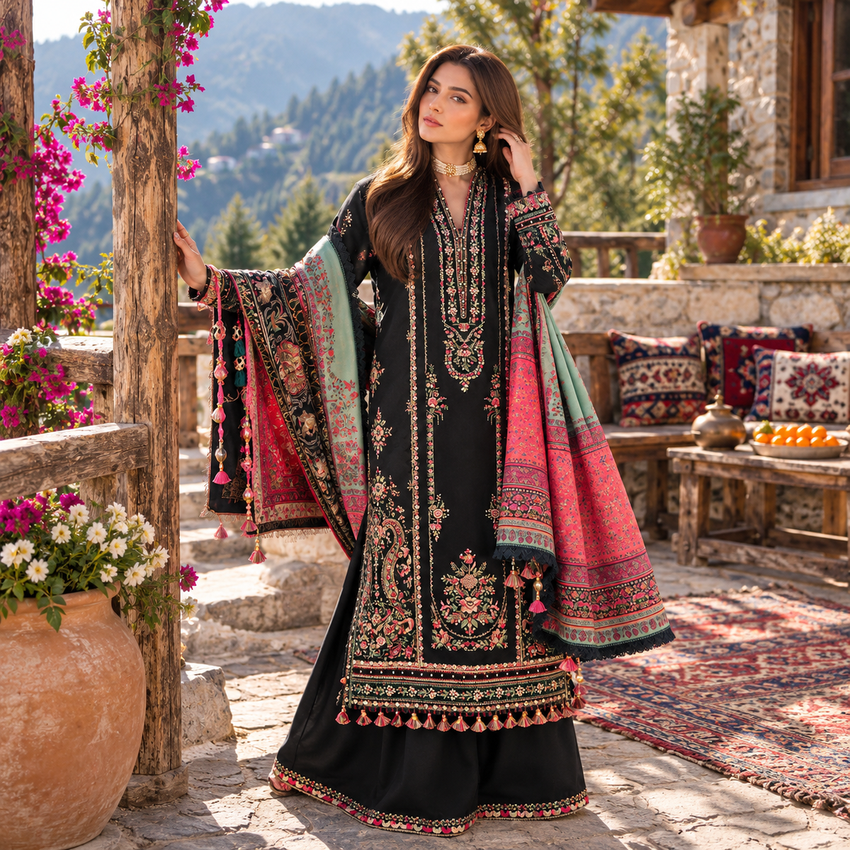 Hussain Rehar Premium Dhanak Embroidered Unstitched 3-Piece Suit with Printed Wool Shawl