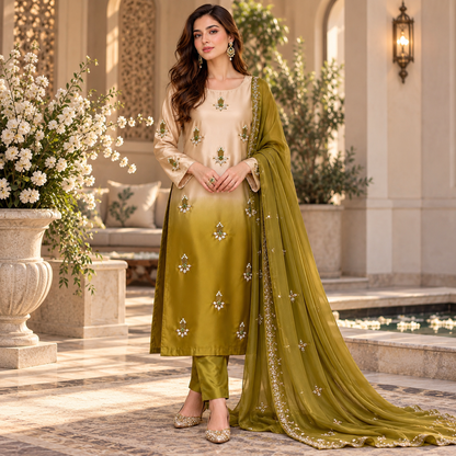 Premium Shamooz Silk Digital Tie & Dye 3-Piece Suit with Luxury Handwork