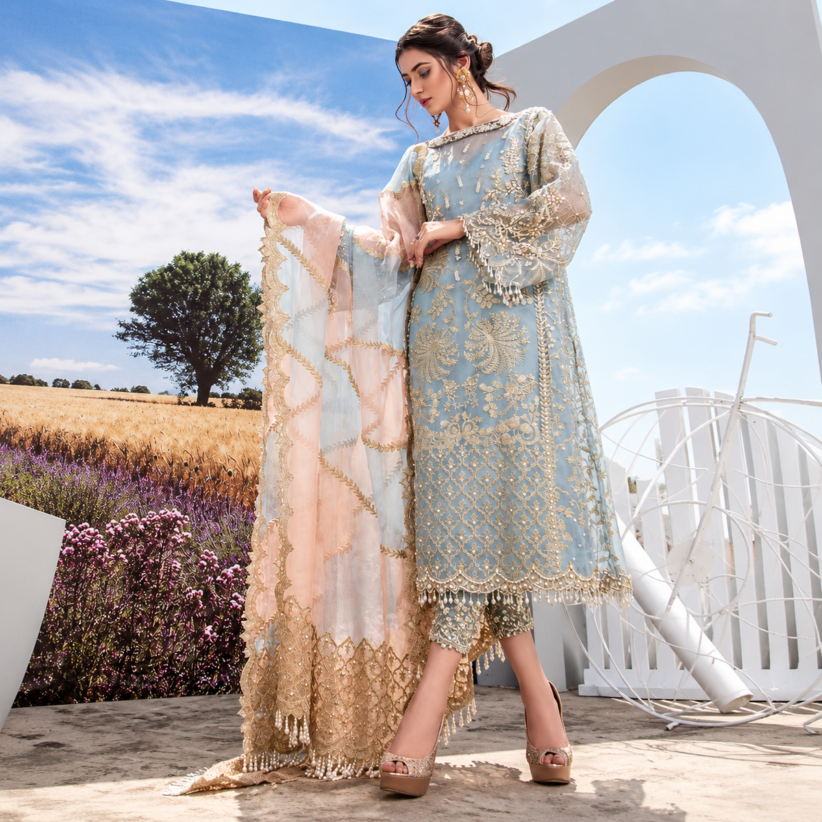 Agha Noor Luxury Organza Embroidered 3-Piece Unstitched Suit with Handwork