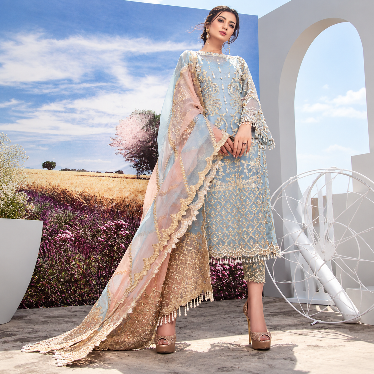 Agha Noor Luxury Organza Embroidered 3-Piece Unstitched Suit with Handwork