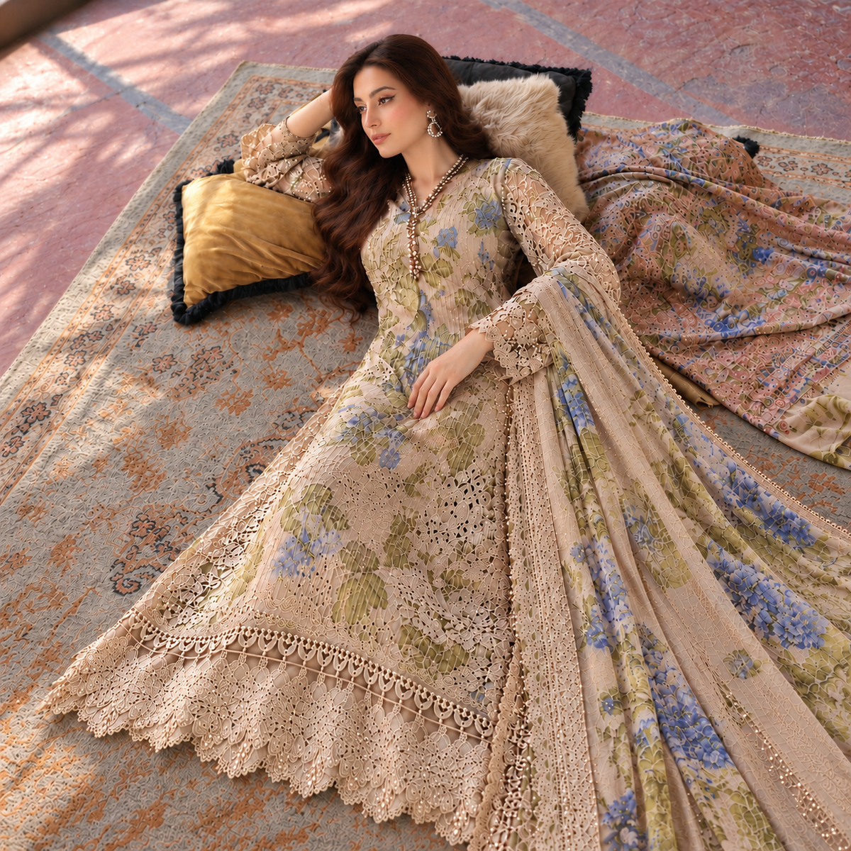 Luxury Digital Print Chiffon Embroidered 3-Piece Suit with 3D Flowers & Handwork