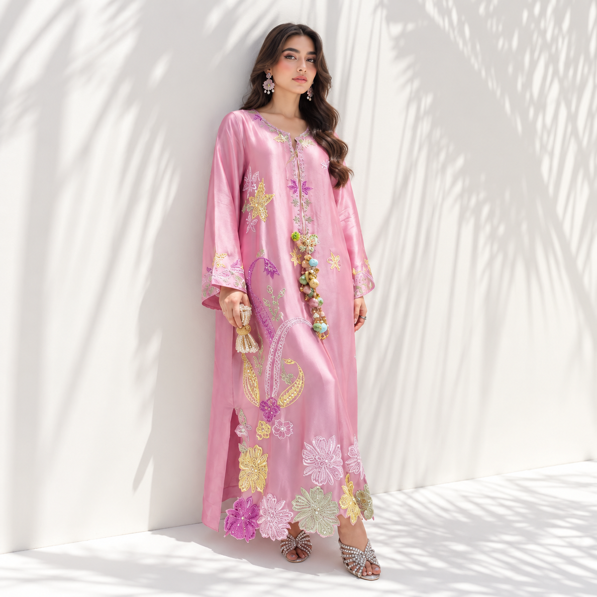 Luxury Shamoz Silk Festive Unstitched 2-Piece Kaftan Collection (Grape Green / Pastel Pink)