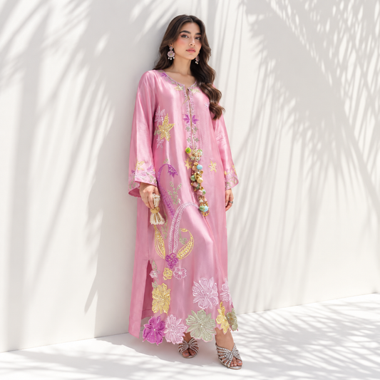 Luxury Shamoz Silk Festive Unstitched 2-Piece Kaftan Collection (Grape Green / Pastel Pink)