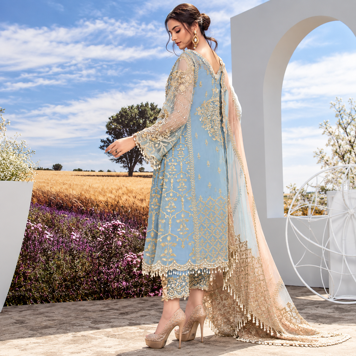 Agha Noor Luxury Organza Embroidered 3-Piece Unstitched Suit with Handwork