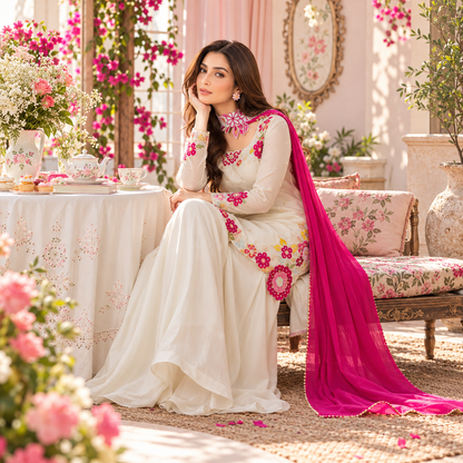 Shanzay Anoshy Luxury Multi-Floral Shamoz Silk 3-Piece Suite with Pearl Embellishments