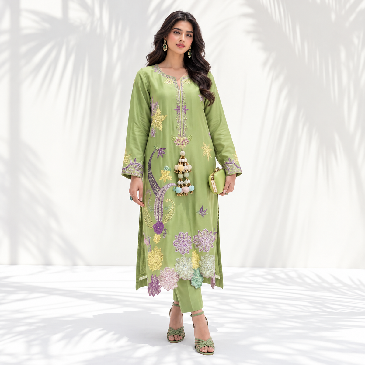Luxury Shamoz Silk Festive Unstitched 2-Piece Kaftan Collection (Grape Green / Pastel Pink)