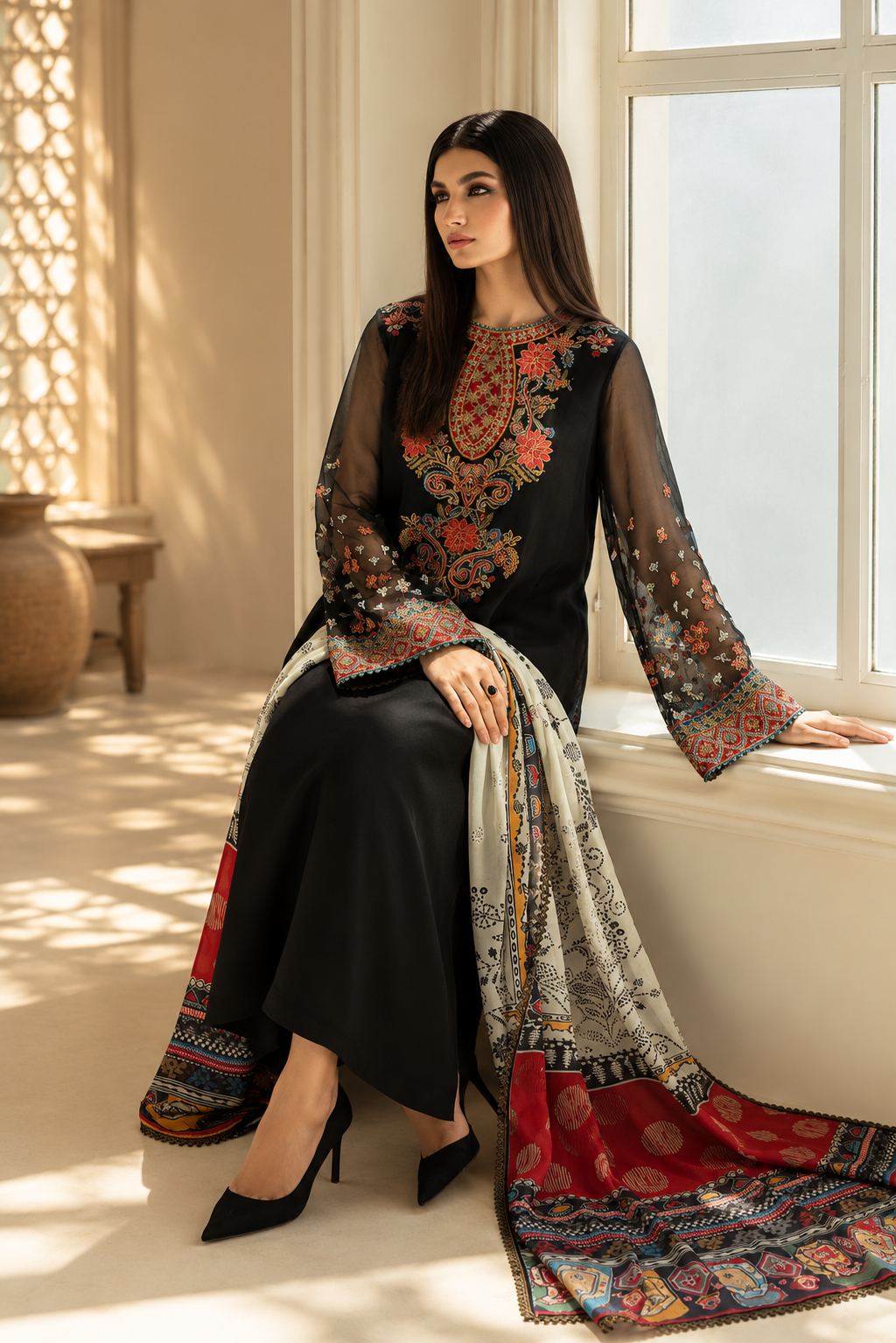Baroque Luxury Chiffon Embroidered Suit with Printed Silk Cutwork Dupatta