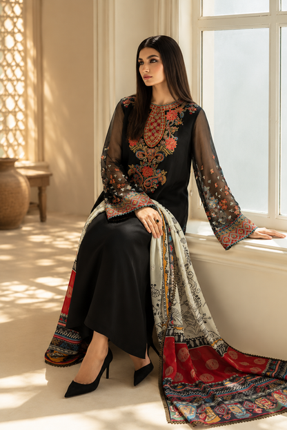 Baroque Luxury Chiffon Embroidered Suit with Printed Silk Cutwork Dupatta