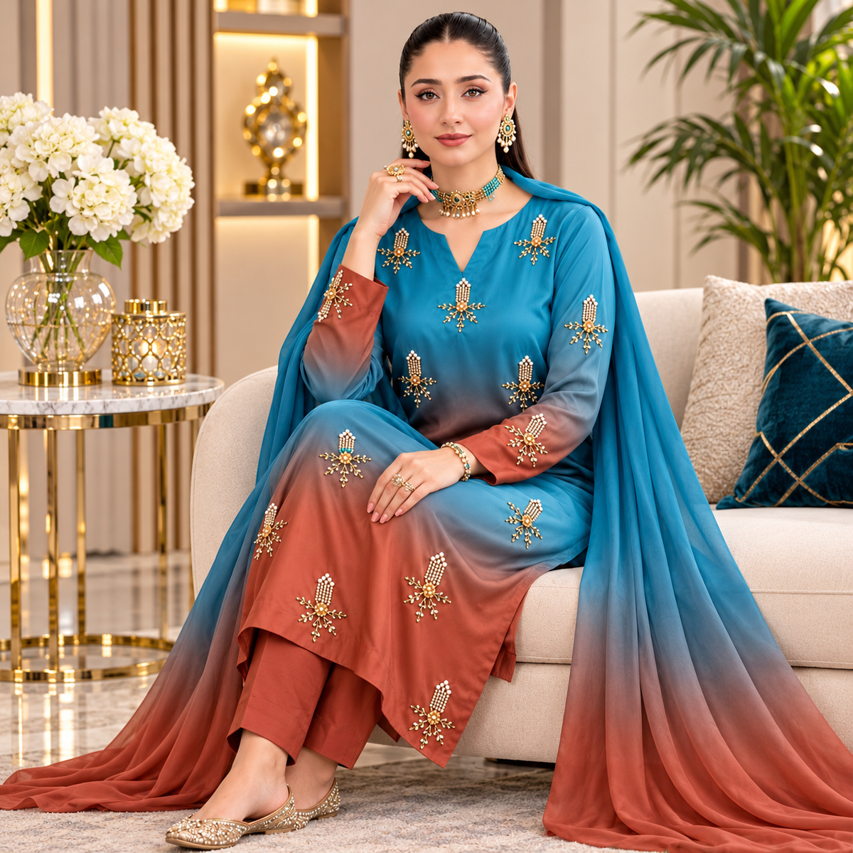 Premium Shamooz Silk Digital Tie & Dye 3-Piece Suit with Luxury Handwork