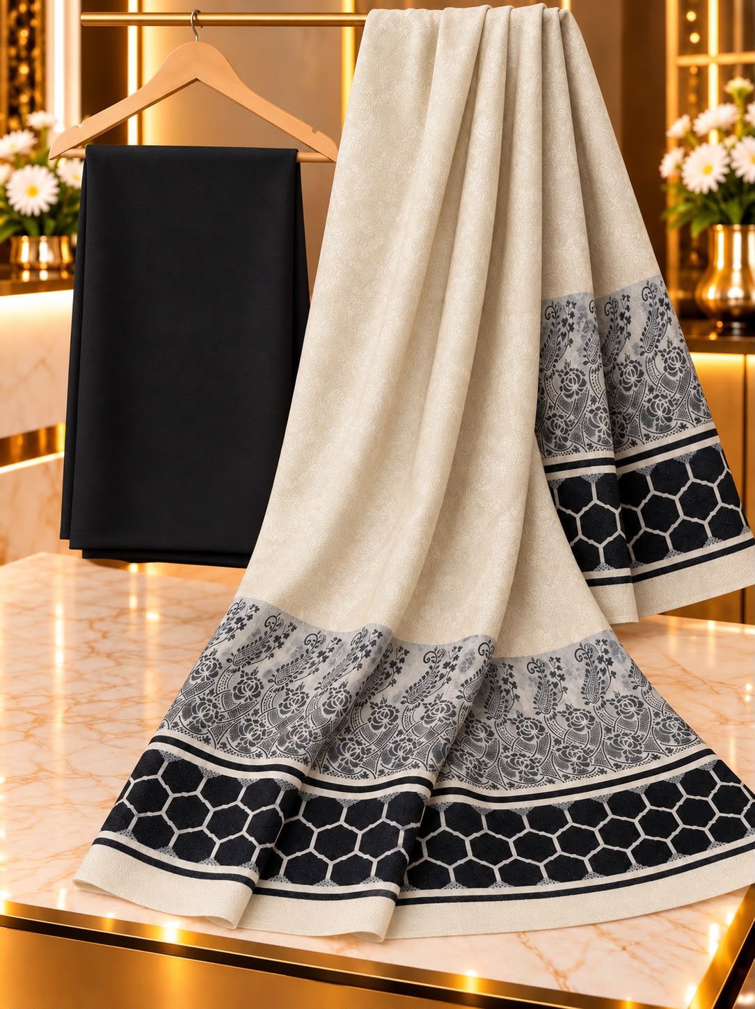 Premium Dhanak Unstitched 3-Piece Suit with Acrylic Wool Jacquard Velvet Border Shawl