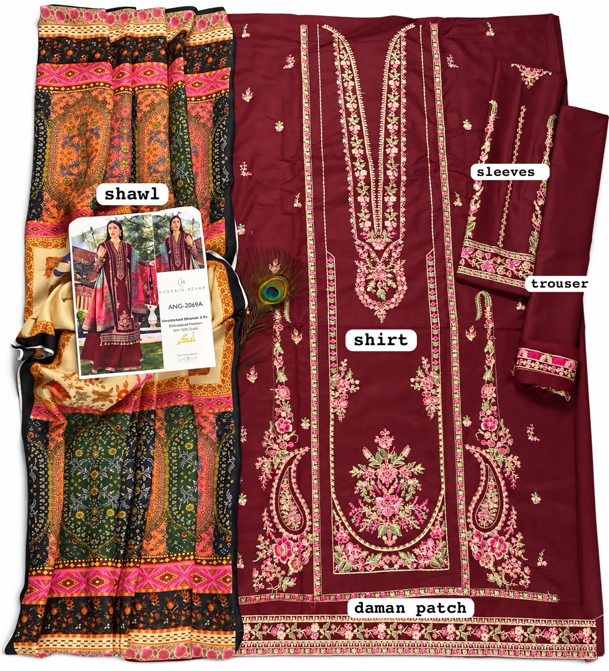 Hussain Rehar Premium Dhanak Embroidered Unstitched 3-Piece Suit with Printed Wool Shawl