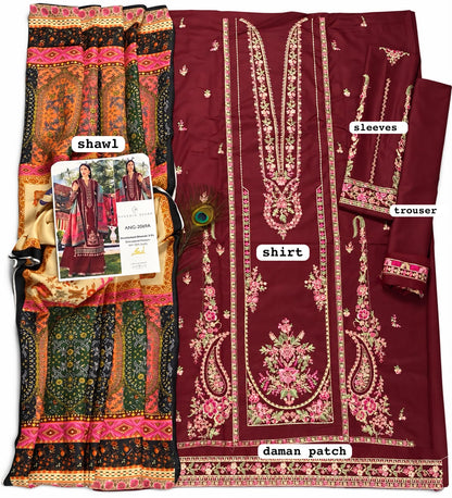 Hussain Rehar Premium Dhanak Embroidered Unstitched 3-Piece Suit with Printed Wool Shawl