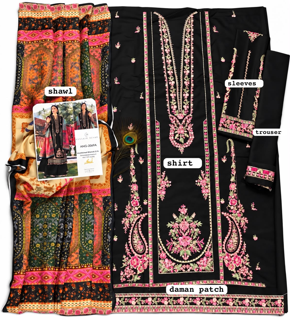 Hussain Rehar Premium Dhanak Embroidered Unstitched 3-Piece Suit with Printed Wool Shawl