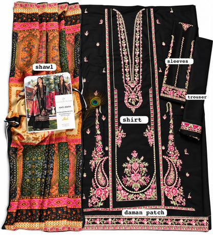 Hussain Rehar Premium Dhanak Embroidered Unstitched 3-Piece Suit with Printed Wool Shawl